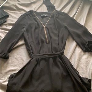 Black chiffon dress with front zipper and belt